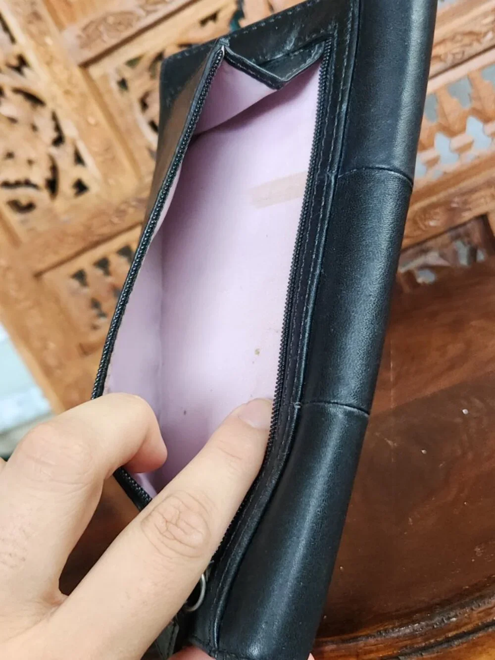 Coach Black Tri-Fold Wallet with Lavender Interior